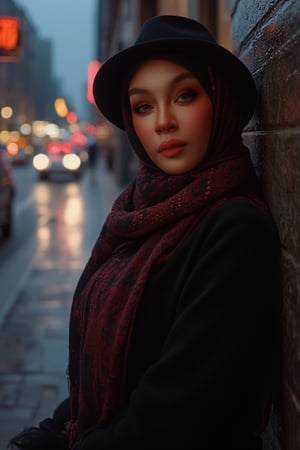 A sultry woman poses languidly against a rain-soaked city street at dusk, fedora and stylish scarf accentuating her enigmatic allure. Soft focus and dramatic contrast create a sense of intrigue, as she gazes out into the misty night air, deep shadows dancing across her porcelain skin like a noir-inspired film's protagonist.