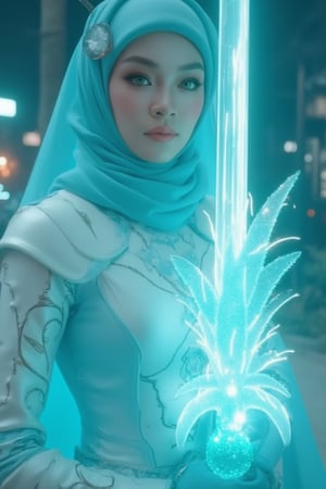 realistic photo, ultra cinematic, a girl with mecha suit, white mix with cyan color, emperor style, hold a big sword with aura, hologram flower aura at the sword, the  flower is turquoise color, neon aura, hanemperor23