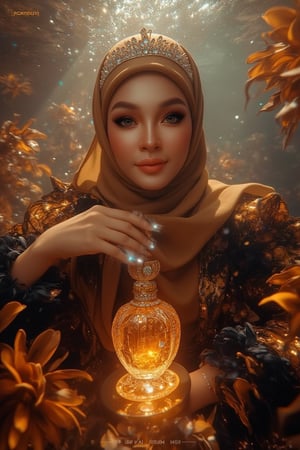 A majestic underwater scene: A professional photograph showcasing an opulent advertisement for the brand 'VOKAB,' created in collaboration with a hijabi woman stands resplendent amidst a sea of black gold flower petals, porcelain skin aglow in soft natural light. An Amber bottle with gemstone-encrusted glass and gold caps sits elegantly on a pedestal, surrounded by a subtle phosphorescent glow. Her golden locks cascade like silk, crystal tiara adorning her face. Stunning petal dress accentuates her features, fabulous makeup radiates sophistication. The camera captures every detail in 4K resolution, subject posing regally against a rich underwater backdrop bathed in warm, cinematic light with a soft glow effect at the rear. The text 'VOKAB.AI PRODUCT' subtly appears at the bottom.,