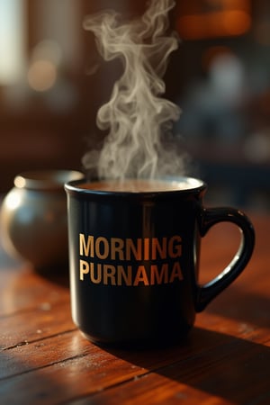 A mock-up of a black maroon mug with the gold text MORNING PURNAMA prominently displayed, placed on a table in a cozy cafe, filled with hot tea. The mug is warm and inviting, with the text standing out clearly against the rich background. The composition is clean and balanced, with the mug centered on the table. The lighting is soft and warm, enhancing the details of the design. The framing is close-up, focusing on the mug, the text, and the steam rising from the hot tea. The cozy cafe setting provides a welcoming backdrop.