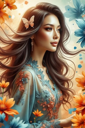 Whispers on the Breeze: A digital portrait in 3/4 view, reminiscent of watercolor splashes, captures a beautiful woman's ethereal essence. Her long, flowing locks, tinged with pastel hues, dance with the wind as she stands amidst a vibrant backdrop of orange, cyan blue, and rich bright flowers. The kebaya's dusty colors shimmer against the soft petals. A small butterfly clip adorns her hair, adding whimsy to her mesmerizing fusion with nature. Framing the shot: soft focus on the woman, blurred flowers in the background, warm sunlight casting a gentle glow.