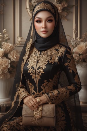 A stunning hyperrealistic portrait of a hijab woman donning a majestic black and gold baju kurung melayu, veil draped elegantly over one shoulder, holds a purse and bouquet amidst a lavish setting. Softly lit, the scene is set against a classic table adorned with a white vase overflowing with flowers. The subject's flawless skin and striking makeup are rendered in photorealistic detail, exuding an air of sophistication and refinement.