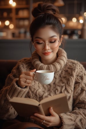 "Create a ultra-realistic scene of a Malaysian woman dressed in knitwear, sitting in a cozy café setting. She has messy bun hair. Her sparkling rectangle-rimmed glasses and beautifully made-up face add to her refined appearance. The woman is engrossed in reading a book while sipping from a steaming hot cup of coffee. The overall atmosphere is warm and artistic, with soft lighting enhancing the cozy ambiance. On the cup, the name written 'TEJAA' is cursive bold font, adding a unique and tactile quality to the scene. The portrait is hyperrealistic, captured in 8K resolution with a medium format digital camera, featuring a shallow depth of field and a gentle lens flare, evoking a sense of timeless beauty and grace."