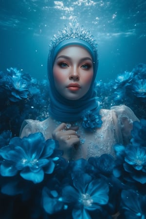 A serene underwater scene: A hijabi woman stands elegantly amidst a sea of blue-black flower petals, her porcelain skin glowing in the soft natural light. Sparkling eyes and a crystal tiara adorn her face, while her hair cascades like golden silk. She wears a stunning dress made from delicate petals, with fabulous makeup accentuating her gorgeous features. The camera captures every detail in high definition, 4K resolution. The subject poses regally, surrounded by the subtle glow of phosphorescent lighting and the vibrant blue sea, as if bathed in an ethereal light.