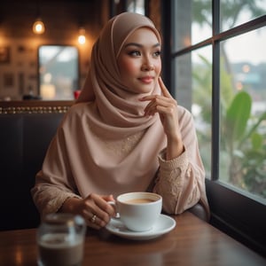 A stunning Muslim Malay woman seated in a stylish coffee cafe, surrounded by elegant decor and soft lighting. She wears exquisite traditional attire, exuding elegance as she sips her coffee, lost in thought while gazing out at the vibrant cityscape or serene garden view through the window. Her serene expression captures a perfect blend of cultural heritage and contemporary poise.