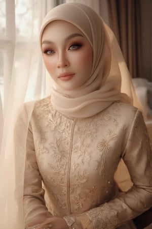 A serene woman poses near a window, softly lit by gentle morning rays. Her loose hijab drapes delicately around her face, highlighting her features as she dons a lace dress adorned with intricate lacework and subtle beading. The soft focus background accentuates her timeless elegance.