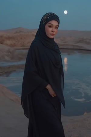 Here's my attempt at crafting a high-quality, coherent prompt based on your input:

Render a breathtaking 8K full-body shot of an exquisite woman wearing a stunning abaya, as she glides elegantly across the desert landscape under the silvery glow of moonlight near a serene oasis. Her long, flowing black hair cascades down her back, complemented by delicate facial features and lifelike skin texture. A subtle yet striking arrangement of flowers adorns the back of her head, harmoniously contrasting with the desolate background. Utilize hyper-realistic lighting with octane rendering and ray tracing to achieve a photorealistic appearance, with a shallow depth of field sharp focus on her captivating eyes, producing a mesmerizing bokeh effect around her.