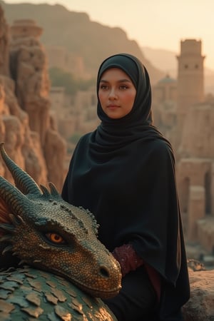 Here is a prompt for generating an image based on your description:

A majestic young woman stands confidently amidst ancient city ruins built into rugged cliffs at dawn, when warm golden light illuminates her loose black hijab shawl with subtle red highlights. Her dark brown eyes gaze into the distance as she rests her sitting and left hand on a dragon's textured scales, its deep amber eyes watching vigilantly. The camera captures the scene from a slightly low angle, emphasizing the epic grandeur of this stunning tableau: the dragon's shimmering green, bronze, and black scales glimmer in the morning light, sharp curved horns and partially unfurled wings adding an air of majesty.