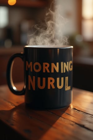 A mock-up of a black mug with the gold text MORNING NURUL prominently displayed, placed on a table in a cozy cafe, filled with hot tea. The mug is warm and inviting, with the text standing out clearly against the rich background. The composition is clean and balanced, with the mug centered on the table. The lighting is soft and warm, enhancing the details of the design. The framing is close-up, focusing on the mug, the text, and the steam rising from the hot tea. The cozy cafe setting provides a welcoming backdrop.