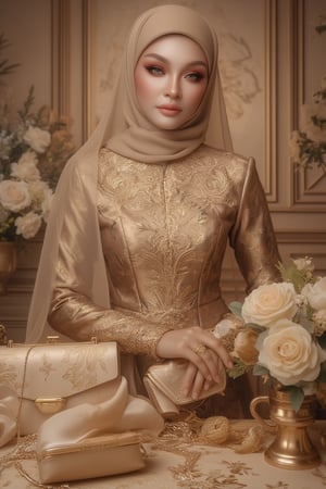 In this sumptuous portrait, a hijab woman stands regally at a resplendent table, enveloped by opulence's grandeur. Her majestic baju kurung melaya, in light brown and gold hues, wraps her majestically, while the shoulder veil drapes elegantly over one shoulder. She confidently grasps a purse and bouquet, exuding sophistication amidst soft pastel tones. Flawless skin and striking makeup are rendered in photorealistic detail, framed by ornate gold accents that radiate warmth from her stunning attire, against a backdrop of luxurious fabrics and delicate patterns.