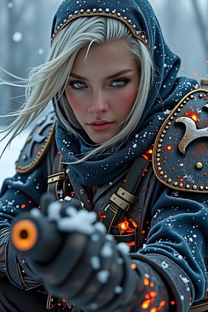 Close-up portrait of a fierce female warrior: soft ambient light illuminates striking features amidst dramatic shadows; flowing white hair contrasts charred cloak and armor with fiery embers burning through worn metal; icy snow surrounds her; intense gaze focused on something distant, reflected in cold expression; large rifle held firmly in both hands; hyper-realistic art style with intricate textures on clothes, face, and weapon; frosty blues and fiery oranges collide, casting bold post-apocalyptic atmosphere.