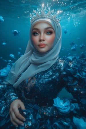 A serene underwater scene: A hijabi woman stands elegantly amidst a sea of blue-black flower petals, her porcelain skin glowing in the soft natural light. Sparkling eyes and a crystal tiara adorn her face, while her hair cascades like golden silk. She wears a stunning dress made from delicate petals, with fabulous makeup accentuating her gorgeous features. The camera captures every detail in high definition, 4K resolution. The subject poses regally, surrounded by the subtle glow of phosphorescent lighting and the vibrant blue sea, as if bathed in an ethereal light.