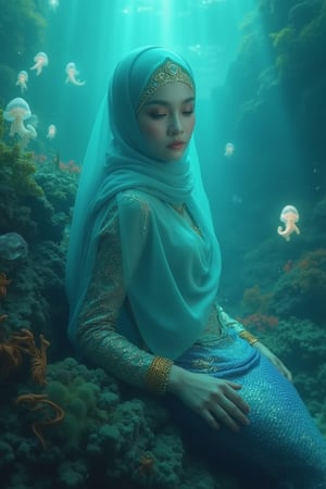 A mystical scene: In a dreamlike setting, an ethereal mermaid's translucent hijab undulates in the gentle underwater currents. Her pale skin glows softly from the bioluminescent creatures' pulsing rhythm. Her expressive eyes convey a mix of mystery and sorrow beneath a delicate glassy sheen. Lips slightly parted, as if a forgotten voice whispers secrets. Hands rest on jagged rock formations, sharp nails glistening like polished obsidian. Golden bracelets adorn ancient sea symbols, scales blending seamlessly with her long, slender tail fading into dark blues and purples. The vibrant coral reef teems with seahorses and shadowy fish amidst the ethereal bioluminescent jellyfish pulsing above. Soft greenish-blue shafts of light illuminate the detailed underwater environment, complete with floating particles and textures adding depth and realism.