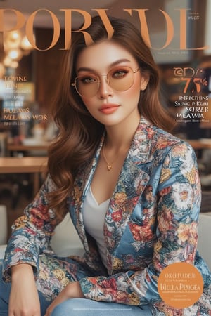 captivating magazine photo cover for PORTRAYAL featuring a stunning Malay woman wearing casual wear. Close-up shot of her face, with stylish brown shades adding a modern touch. Soft natural lighting, highlighting her confident expression and casual attire. The composition is balanced, with her eyes looking directly at the camera. The background is subtle, focusing attention on his stylish look and confident demeanor.