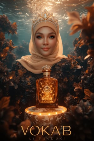 A majestic underwater scene: A professional photograph showcasing an opulent advertisement for the brand 'VOKAB,' created in collaboration with a hijabi woman stands resplendent amidst a sea of black gold flower petals, porcelain skin aglow in soft natural light. An Amber bottle with gemstone-encrusted glass and gold caps sits elegantly on a pedestal, surrounded by a subtle phosphorescent glow. Her golden locks cascade like silk, crystal tiara adorning her face. Stunning petal dress accentuates her features, fabulous makeup radiates sophistication. The camera captures every detail in 4K resolution, subject posing regally against a rich underwater backdrop bathed in warm, cinematic light with a soft glow effect at the rear. The text 'VOKAB.AI PRODUCT' subtly appears at the bottom.,