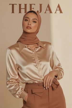 A majestic 3/4 angle shot of Thejaa, donning a neatly tied hijab and satin shirt with slack pant, as she confidently stands against a clean, sophisticated background. Soft natural lighting casts a warm glow on her striking features, A brown sunglasses held firmly in her hand adds a touch of whimsy to the overall composition. The magazine cover boldly proclaims THEJAA in English text across the top, highlighting her timeless beauty and the intricate details of her attire.