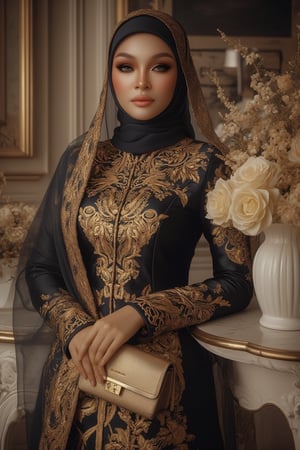 A stunning hyperrealistic portrait of a hijab woman donning a majestic black and gold baju kurung melayu, veil draped elegantly over one shoulder, holds a purse and bouquet amidst a lavish setting. Softly lit, the scene is set against a classic table adorned with a white vase overflowing with flowers. The subject's flawless skin and striking makeup are rendered in photorealistic detail, exuding an air of sophistication and refinement.