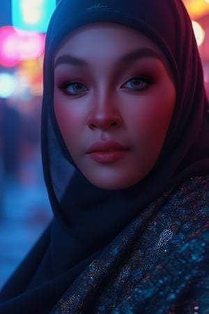 A close-up shot of a woman's face, bathed in an ethereal glow, dominates the frame against the gritty, dystopian cityscape. The neon-lit atmosphere casts a mesmerizing sheen on her metallic shawl-style attire, contrasting with the flowing black nightshade-like fabric. Her gaze, piercing and determined, seems to lock onto the viewer, drawing them into the dark fantasy world where technology and mysticism collide.