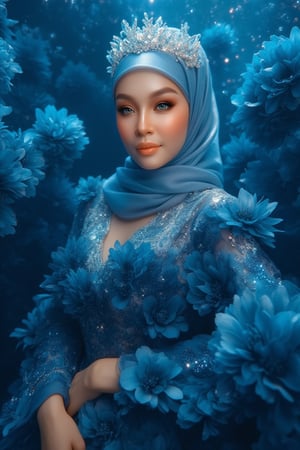 A serene underwater scene: A hijabi woman stands elegantly amidst a sea of blue-black flower petals, her porcelain skin glowing in the soft natural light. Sparkling eyes and a crystal tiara adorn her face, while her hair cascades like golden silk. She wears a stunning dress made from delicate petals, with fabulous makeup accentuating her gorgeous features. The camera captures every detail in high definition, 4K resolution. The subject poses regally, surrounded by the subtle glow of phosphorescent lighting and the vibrant blue sea, as if bathed in an ethereal light.