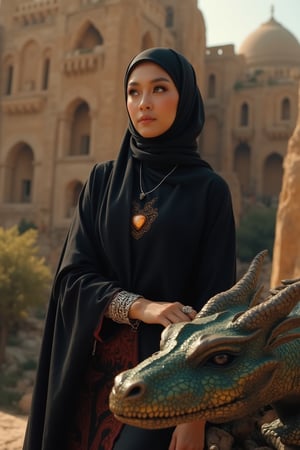 A majestic shot of a young woman standing confidently amidst ancient city ruins built into rugged cliffs. Her loose black hijab shawl with subtle red highlights glistens in the warm golden light of dawn. Dark brown eyes with long eyelashes seem to gaze into the distance, while her relaxed yet strong posture exudes strength. Her left hand rests on a dragon's textured scales, its deep amber eyes watching vigilantly. The dragon's shimmering scales glimmer in hues of green, bronze, and black, with sharp curved horns and partially unfurled wings adding an air of majesty. A silver bracelet adorned with ancient runes wraps around her wrist, complemented by a glowing gemstone pendant around her neck. The camera captures the scene from a slightly low angle, emphasizing the epic grandeur of this stunning tableau.