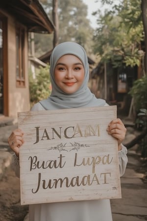 A tranquil scene unfolds: a Malay woman donning plain hijab and abaya holds a signboard with elegant, handwritten font reading JANGAN BUAT LUPA JUMAAT. Her gentle smile radiates as she stands in a picturesque village, surrounded by traditional wooden houses and lush greenery. Soft, natural lighting bathes the scene, capturing the peaceful ambiance. The composition focuses on the woman and signboard, with the text standing out clearly against the serene backdrop.