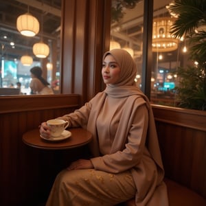 A warm glow illuminates the cozy coffee cafe, where a stunning Muslim Malay woman sits majestically amidst rich wood tones. She wears exquisite traditional attire, her serene expression gazing thoughtfully out the window at the vibrant cityscape or picturesque view beyond, as she sips her coffee from a delicate cup resting on a saucer, embodying cultural charm and contemporary style.