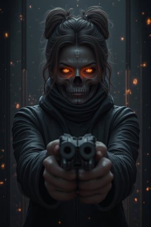 A striking poster-style image: A woman with a fiery skull, bun hair, adorned in a long black jacket, grasps dual guns in a dramatic pose. The dark setting is illuminated by faint, eerie light, casting strong shadows on her features. In the foreground, bold white font reads FASA VOKAB in 80% transparency, hovering above a cinematic background with x-ray-like details.