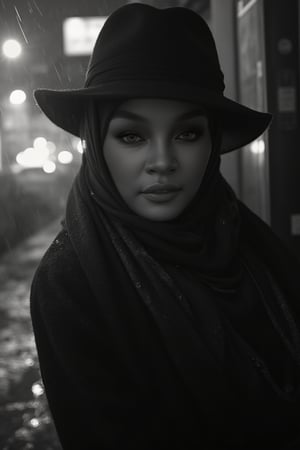 A mysterious woman, wrapped in a sleek scarf and adorned with a stylish hat, is bathed in the melancholic glow of a rain-soaked street. A film noir-inspired composition, shot in striking black and white, accentuates her enigmatic expression as shadows dance across her face. Soft focus blurs the background, drawing attention to her captivating pose amidst the moody ambiance.