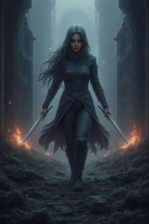 A medieval city's dark, cloudy veil shrouds the streets as a stunningly beautiful face, delicate yet fierce, is framed in a close-up portrait. Two massive blades, one in each hand, are wielded by this warrior maiden as she strides down the rubble-strewn street, smoke billowing around her. The pike of debris on either side adds to the dynamic, high-octane atmosphere. Every detail, from the sharp focus to the intricate textures, is rendered with maximum clarity, drawing the viewer's gaze into the heart of this medieval mayhem.