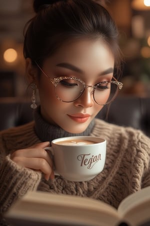 "Create a ultra-realistic scene of a Malaysian woman dressed in knitwear, sitting in a cozy café setting. She has messy bun hair. Her sparkling rectangle-rimmed glasses and beautifully made-up face add to her refined appearance. The woman is engrossed in reading a book while sipping from a steaming hot cup of coffee. The overall atmosphere is warm and artistic, with soft lighting enhancing the cozy ambiance. On the cup, the name written 'TEJAA' is cursive bold font, adding a unique and tactile quality to the scene. The portrait is hyperrealistic, captured in 8K resolution with a medium format digital camera, featuring a shallow depth of field and a gentle lens flare, evoking a sense of timeless beauty and grace."