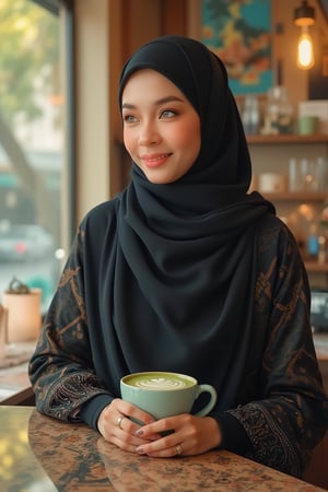 A Muslim woman, veiled from face to nose, stands patiently in a cozy cafe, awaiting her order amidst the warm glow of morning light. She wears a flowing black abaya and matching hijab, the intricate patterns subtly reflected in the colorful watercolor fusion art that surrounds her. Her dark socks are neatly folded at the ankles as she leans against the counter, her cup of vibrant green matcha latte a beacon on the table before her. The soft focus background adds depth to the composition, while the glazing painting techniques imbue the image with luminous texture and dimensionality.