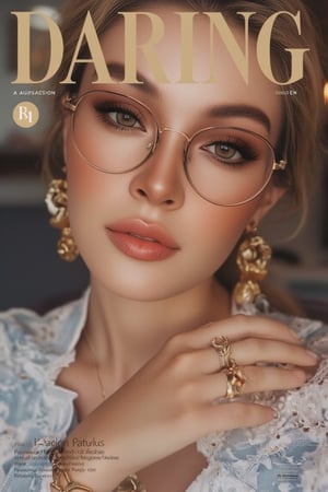 captivating magazine photo cover for DARING featuring a stunning Malay woman wearing casual wear. Close-up shot of her face, with stylish brown shades adding a modern touch. Soft natural lighting, highlighting her confident expression and casual attire. The composition is balanced, with her eyes looking directly at the camera. The background is subtle, focusing attention on his stylish look and confident demeanor.