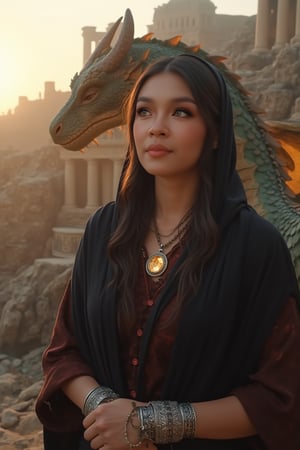 Here is a high-quality coherent stable diffusion prompt:

Capture a majestic image of a young woman standing confidently in the middle of ancient city ruins built on a rugged cliffside at dawn's warm golden light. The camera shoots from a slightly low angle to emphasize grandeur. A large dragon circles her, its scales shimmering in green, bronze, and black hues with sharp horns and partially spread wings. The woman wears a loose black hooded shawl with red highlights, her dark brown eyes gazing into the distance behind long eyelashes. Her relaxed yet strong posture radiates strength, adorned with silver bracelets featuring ancient runes and a glowing gemstone pendant around her neck.