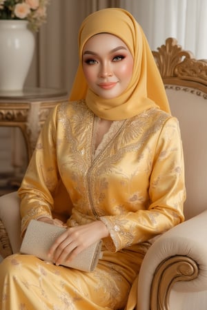 Hyperrealistic portrait of a hijab woman donning a majestic yellow and gold baju kurung melayu, shoulder veil draped elegantly over one shoulder, holds a purse and bouquet amidst a lavish setting. Softly lit, the scene is set against a classic table adorned with a white vase overflowing with flowers. The subject's flawless skin and striking makeup are rendered in photorealistic detail, exuding an air of sophistication and refinement. Framed by ornate gold accents, the subject sits confidently, her yellow and gold attire radiating warmth amidst the soft pastel hues of the setting.