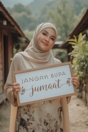 A serene shot of a beautiful Malay woman wearing a plain hijab and abaya holding a signboard with the text JANGAN BUAT LUPA JUMAAT in elegant, handwritten font. She stands with a gentle smile, one hand holding the board. The scene is set in a picturesque village with traditional wooden houses and lush greenery. The lighting is soft and natural, capturing the peaceful ambiance. The composition centers on the woman and the signboard, with the text clearly visible.