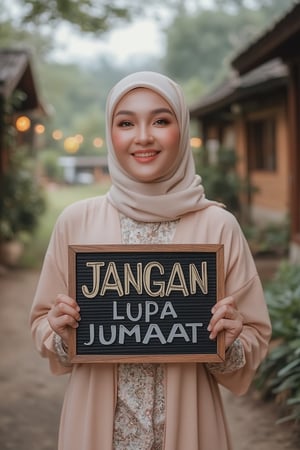 A tranquil scene unfolds: a Malay woman donning plain hijab and abaya holds a signboard with elegant, handwritten font reading JANGAN BUAT LUPA JUMAAT. Her gentle smile radiates as she stands in a picturesque village, surrounded by traditional wooden houses and lush greenery. Soft, natural lighting bathes the scene, capturing the peaceful ambiance. The composition focuses on the woman and signboard, with the text standing out clearly against the serene backdrop.