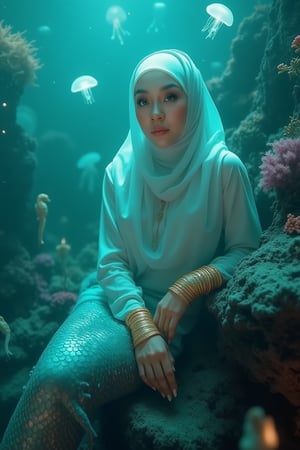 A mystical scene: In a dreamlike setting, an ethereal mermaid's translucent hijab undulates in the gentle underwater currents. Her pale skin glows softly from the bioluminescent creatures' pulsing rhythm. Her expressive eyes convey a mix of mystery and sorrow beneath a delicate glassy sheen. Lips slightly parted, as if a forgotten voice whispers secrets. Hands rest on jagged rock formations, sharp nails glistening like polished obsidian. Golden bracelets adorn ancient sea symbols, scales blending seamlessly with her long, slender tail fading into dark blues and purples. The vibrant coral reef teems with seahorses and shadowy fish amidst the ethereal bioluminescent jellyfish pulsing above. Soft greenish-blue shafts of light illuminate the detailed underwater environment, complete with floating particles and textures adding depth and realism.