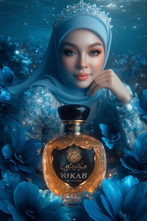 A serene underwater scene: Create A professional photograph showcasing an opulent advertisement for advertising image for VOKAB, a luxurious Arabian women's perfume, created in collaboration with A modestly hijabi woman who stands elegantly amidst a sea of blue-black flower petals, her porcelain skin glowing in the soft natural light. Sparkling eyes and a crystal tiara adorn her face, while her hair cascades like golden silk. She wears a stunning dress made from delicate petals, with fabulous makeup accentuating her gorgeous features. The image features an Adepta alluring, The amber bottle features intricate Arabic patterns and is adorned with black and gold caps. The camera captures every detail in high definition, 4K resolution. The subject poses regally, surrounded by the subtle glow of phosphorescent lighting and the vibrant blue sea, the bottle is bathed in an ethereal light.
