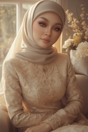 A serene woman poses near a window, softly lit by gentle morning rays. Her loose hijab drapes delicately around her face, highlighting her features as she dons a lace dress adorned with intricate lacework and subtle beading. The soft focus background accentuates her timeless elegance.