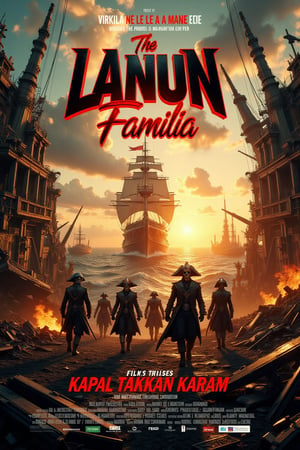 Promotional poster of "The LANUN Familia" "KAPAL TAKKAN KARAM"(((correctly spelled))). A desolate landscape stretches out, with an enormous pirate ship on a rough sea reflecting the fading light. In the foreground, a group of tremendously outstanding futuristic skull-headed pirate captains dressed in tremendously outstanding futuristic pirate clothing, ship captain's hats and war gear, walk amidst the destruction. The orange glow of the setting sun cast long shadows, highlighting the intricate details of the ruined structure. Pirate outfits blend seamlessly with the post-apocalyptic backdrop, some carrying sleek high-tech weapons. In the distance, a majestic pirate ship pierces the sky, while humming machinery and flashing lights add to the uncertain atmosphere. In the center, bold, sharp, dark red letters display the film's title, surrounded by credits in a retro 80s/90s style font, printed with obvious professionalism.  