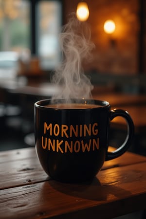 A mock-up of a black mug with the gold text MORNING UNKNOWN prominently displayed, placed on a table in a cozy cafe, filled with hot tea. The mug is warm and inviting, with the text standing out clearly against the rich background. The composition is clean and balanced, with the mug centered on the table. The lighting is soft and warm, enhancing the details of the design. The framing is close-up, focusing on the mug, the text, and the steam rising from the hot tea. The cozy cafe setting provides a welcoming backdrop.