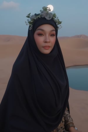 Here's my attempt at crafting a high-quality, coherent prompt based on your input:

Render a breathtaking 8K full-body shot of an exquisite woman wearing a stunning abaya, as she glides elegantly across the desert landscape under the silvery glow of moonlight near a serene oasis. Her long, flowing black hair cascades down her back, complemented by delicate facial features and lifelike skin texture. A subtle yet striking arrangement of flowers adorns the back of her head, harmoniously contrasting with the desolate background. Utilize hyper-realistic lighting with octane rendering and ray tracing to achieve a photorealistic appearance, with a shallow depth of field sharp focus on her captivating eyes, producing a mesmerizing bokeh effect around her.