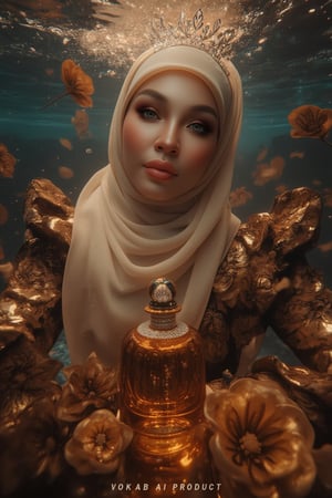 A majestic underwater scene: A hijabi woman stands resplendent amidst a sea of black gold flower petals, porcelain skin aglow in soft natural light. Amber bottle with gemstone-encrusted glass and gold caps sits elegantly on a pedestal, surrounded by subtle phosphorescent glow. Her golden locks cascade like silk, crystal tiara adorning her face. Stunning petal-dress accentuates her features, fabulous makeup radiating sophistication. The camera captures every detail in 4K resolution, subject posing regally against rich underwater backdrop bathed in warm, cinematic light with a soft glow effect at the rear. The text 'VOKAB.AI PRODUCT' subtly appears at the bottom.