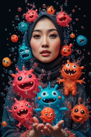 Create an image of a perfectly beautiful hijabi queen, she's surrounded by 3d doodle of cute monsters in the style of Doodleoo and both hands pinch the Doodleoo, bubbles and splash water against a black background with vibrant colors, high resolution, high detail, high quality , high contrast, professional photography, professional lighting, precise details, solid color background, masterpiece, best quality, highres, perfect artwork, best design award winner  