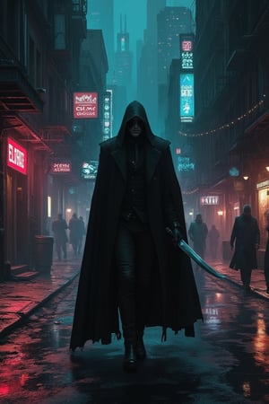 A villain in a dystopian city, walking alone on a dark, rain-soaked street. The city is illuminated by neon lights, casting eerie reflections on the wet pavement. The villain holds a gleaming blade in one hand, the metal glinting under the artificial light. The composition is centered on the villain, with the towering, decaying buildings of the city in the background, creating a sense of isolation and menace. The lighting is moody and dramatic, emphasizing the dark atmosphere of the scene.