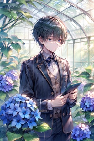 1 male, flowers, hydrangea, foliage, rain drops, greenhouse, (masterpiece:1.2), best quality, intricate, OldStyleOnineko