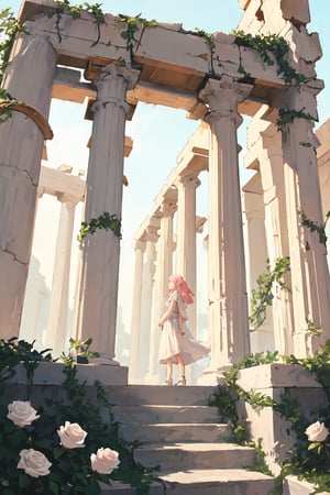 1girl, wide shot, alone, outdoors, greek clothes, greek architecture, ruins, white pillars, pink roses, vines, daytime