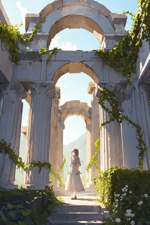 1girl, wide shot, alone, outdoors, greek clothes, greek architecture, ruins, white pillars, roses, vines, daytime