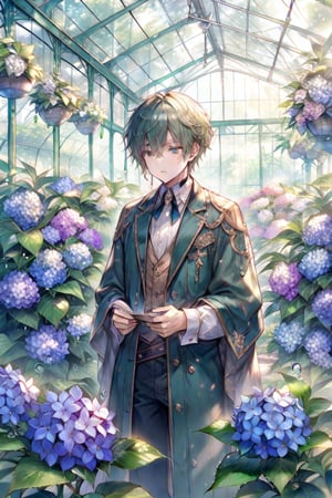 1 male, flowers, hydrangea, foliage, rain drops, greenhouse, (masterpiece:1.2), best quality, intricate, OldStyleOnineko