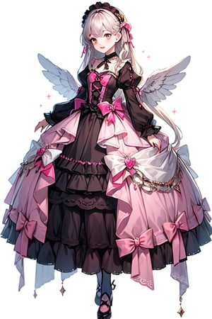 small white wings. long hair, bangs, lolita fashion. pink makeup, pink eyeshadow, pink lips, pink lipstick. full body, white background, 1girl, large eyes, flat color, gothic, gothic lolita, full body view, qzclothesdesign